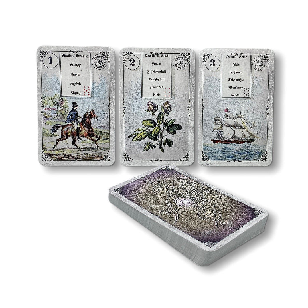 Dondorf Lenormand cards / New Vintage Spirit with interpretive keywords, white-grey, 1910 / B-grade item