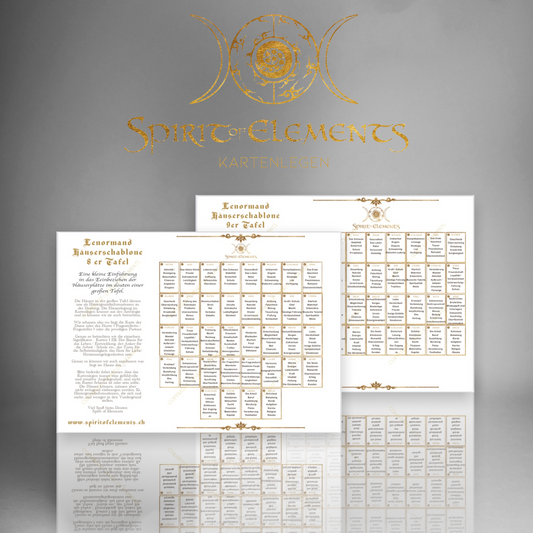 Lenormand house templates in pairs / 8- and 9-square charts in a 2-page A4 PDF for download.