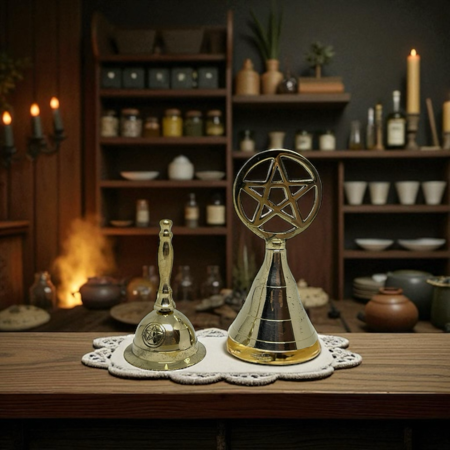Petite cloche d'autel vintage en laiton – pentagramme