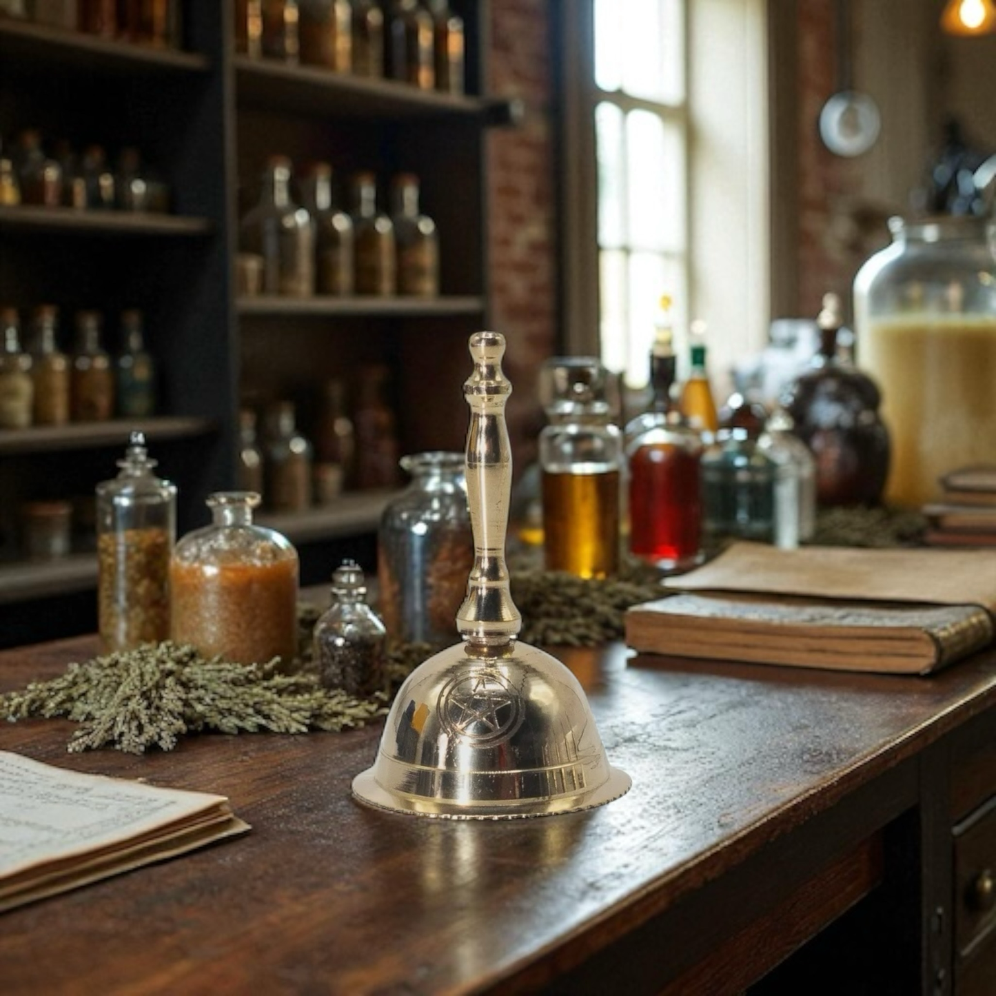 Petite cloche d'autel vintage en laiton – pentagramme